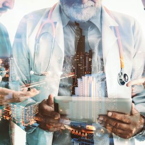 Double exposure group of happy doctor surgeon and nurse with tablet in meeting on city night background, Healthcare and medical concept