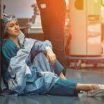 Tired,Doctor,Sitting,After,Surgery,In,The,Hospital,Corridor.,Great